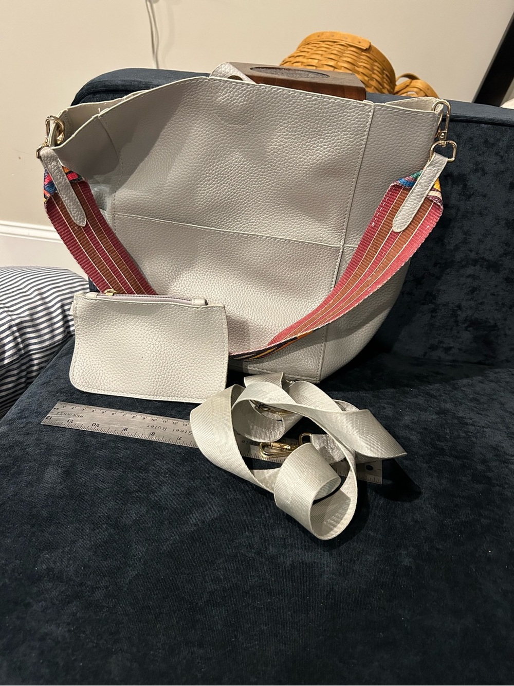 White Pebbled Leather Tote with Pink Accent Strap